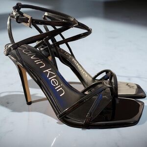 NEW Calvin Klein Women’s Stiletto Heeled Square Open Toe Sandal Black Size 8.5 M